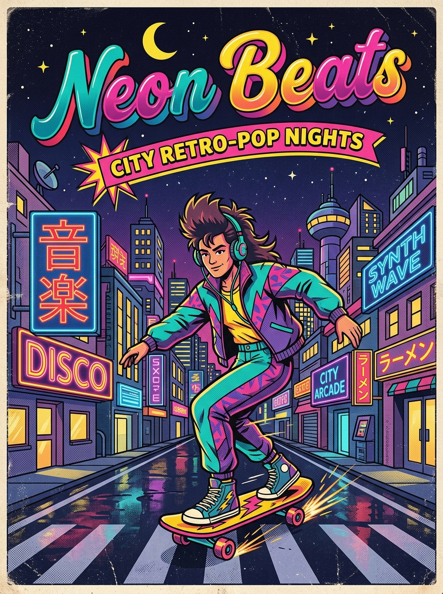 ネオン瞬くレトロポップイラストポスター のプレビュー